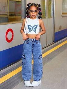 SHEIN Tween Girl Casual Baggy Denim Pants With Flap Pockets And Contrast Stitching Details Straight Leg Cargo Jeans,For Spring And Summer Fall Winter - Medium Wash - View 5