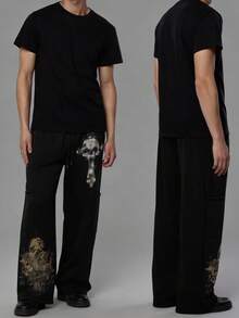 ROMWE MEN Street Life Men's Anime Skeleton Print Drawstring Waist Loose Casual Pants - Black - View 6