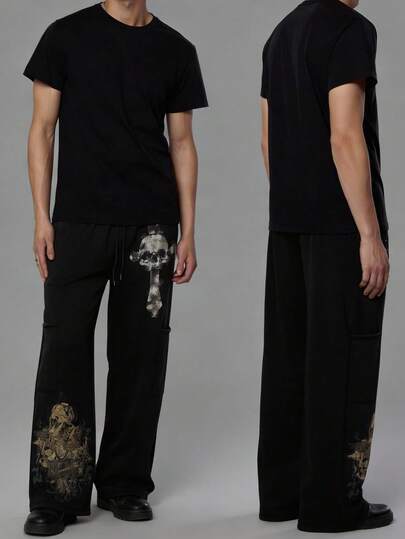 Street Life Men's Anime Skeleton Print Drawstring Waist Loose Casual Pants
