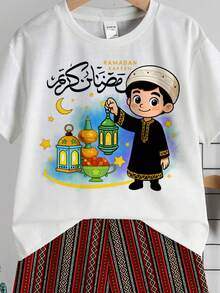SHEIN Young Boy White Summer T-Shirt Set,Family Matching Arabic Text Graphic,Classic Retro Traditional Pattern,Star,Moon,Lantern,Cute Cartoon Boy Print - White - View 4