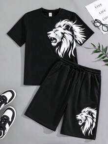 SHEIN Bộ 2 món áo thun cổ tròn và quần short in hình sư tử đen dành cho thiếu niên nam, kiểu dáng giản dị, thoải mái, thời trang, đa năng, chất liệu mềm mại, phù hợp cho mặc hàng ngày, đi học, dã ngoại, hoạt động ngoài trời, lễ hội âm nhạc, kỳ nghỉ, du lịch biển, mùa hè, mùa xuân/hè. - màu đen - Xem 6