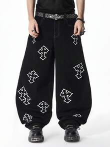 ROMWE MEN 男士印花弯刀黑色牛仔裤 - 黑色 - 查看 1