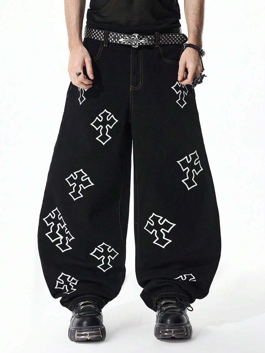 ROMWE MEN 男士印花弯刀黑色牛仔裤 - 黑色 - 查看 1