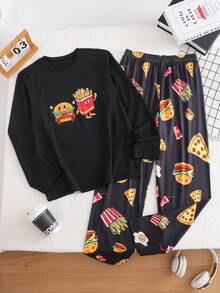 SHEIN 青少年男孩趣味食物图案印花长袖上衣和裤子休闲两件套睡衣 - 黑色 - 查看 7