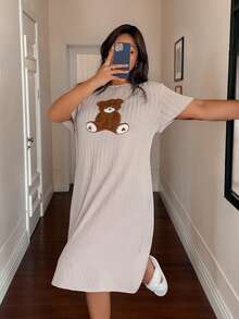 Dream Adore Plus Size Women's Ribbed Cute Bear Embroidery Round Neck Short Sleeve Long Nightgown, Comfortable Casual Wear