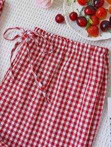 Sweetra European & American Summer New Red Retro Plaid Lace-Up Minimalist Straight-Leg Pants, Versatile Commuter Style, Two Pieces Set For Women - Burgundy - View 7