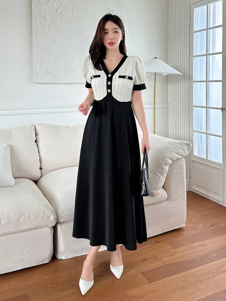 Robe décontractée longue à manches courtes, boutonnée devant, avec patchwork de couleurs contrastées pour femmes