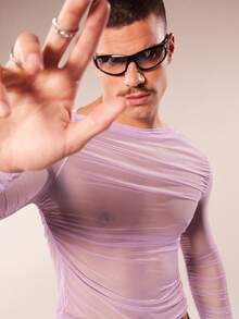 FeverCity Men's Sexy Sheer Mesh V-Neck Slim Fit Cropped Top, Spring/Summer - Mauve Purple - View 4