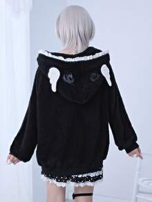 ROMWE Avant 可爱天使翅膀装饰女式卫衣 - 黑與白 - 查看 2