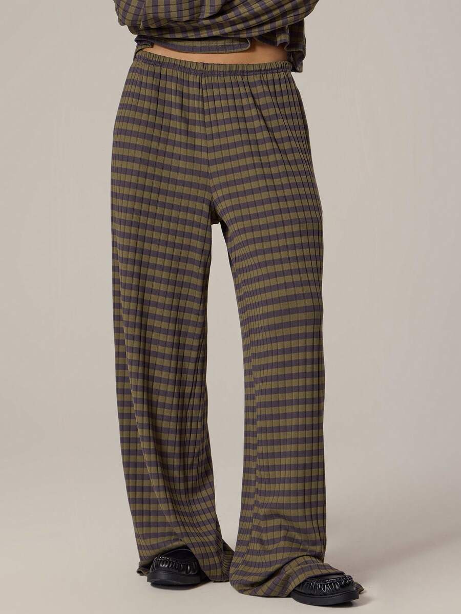 MUSERA 罗纹条纹阔腿弹力腰裤，春季少女风，日常穿搭，可爱休闲甜豌豆 - 彩色 - 查看 1