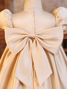 Glamorique Kids 香槟金缎面婴儿正式礼服，泡泡袖短袖高腰娃娃裙，饰有蝴蝶结，蓬蓬裙摆，优雅儿童公主裙，手工串珠婴儿生日派对婚礼宾客礼服 - 香檳色 - 查看 3