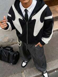 Manfinity Unisex Men's Knit Casual Loose Fit Long Sleeve Hooded Sweatshirt, For Fall, Winter, Couple Things - Black - View 2