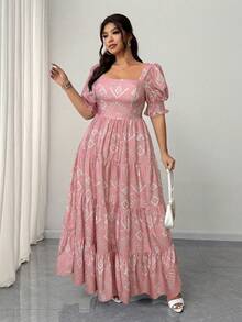 Elenzga Plus Size Square Neck Short Sleeve Elegant Vacation Dress - Pink - View 1