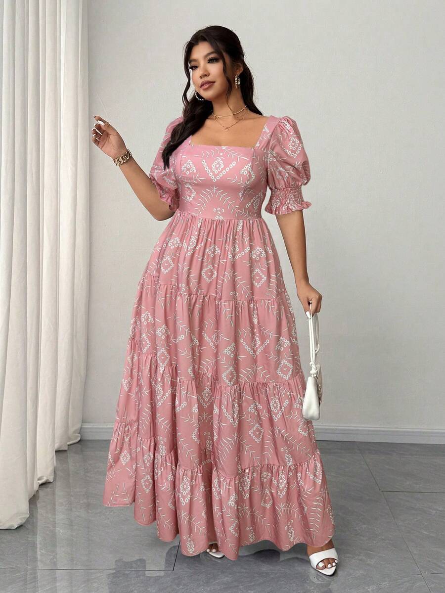 Elenzga Plus Size Square Neck Short Sleeve Elegant Vacation Dress - Pink - View 1