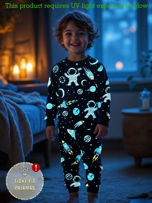 1 Set Boys Glow-In-The-Dark Astronaut & Planet Print Snug Fit Long Sleeve Pajama Set, Comfortable Sleepwear For Spring, Autumn, All Seasons