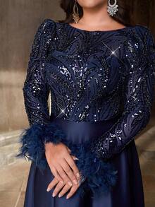 Aureia 大码优雅浪漫船领蓝色奢华亮片拼接婚纱，长袖薄纱袖羽毛拼接大A字裙，适合婚礼、派对、庆典活动、正式场合（重工装饰设计） - 藏蓝色 - 查看 9