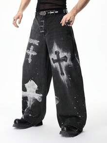 ROMWE MEN Goth 男士数码十字印花飞机扣弯刀牛仔裤 - 黑色 - 查看 6