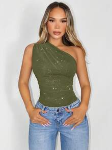 Zolique Solid Color Oblique Shoulder Fitted Sleeveless Bodysuit, Summer - Army Green - View 7