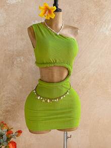 Soleia Lime Green Summer Casual Vacation Holiday Women's Asymmetrical Shoulder Hollow-Out Strap Mini Dress,Boho Party Music Festival Wedding Events - Green - View 3