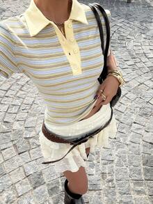 Muchica Women's Spring/Summer New Knitted Striped Polo Collar Slim Fit Short Sleeve T-Shirt - Multicolor - View 1