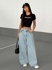 SHEIN PETITE Casual Loose Straight Leg Jeans With Pockets - Light Wash - View 3