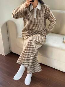DAZY Plaid Contrast Collar Loose Women's Pajama Set - Pink - View 1