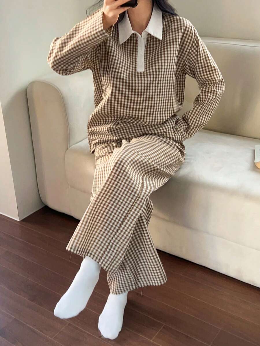 DAZY Plaid Contrast Collar Loose Women's Pajama Set - Pink - View 1