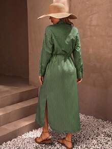 Casual Style Effortless, Linen Look Button Through And Drawstring Belt Detailed Maxi Shirt Dress - Army Green - View 2