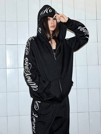 ROMWE Avant Sudadera con capucha con gráfico bordado oversize