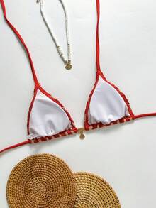 Swim Chiccia 女士性感条纹金属装饰比基尼上衣，夏季海滩配饰钩针三角比基尼上衣，情人节狂欢派对休闲海滩度假女士假日 - 彩色 - 查看 2