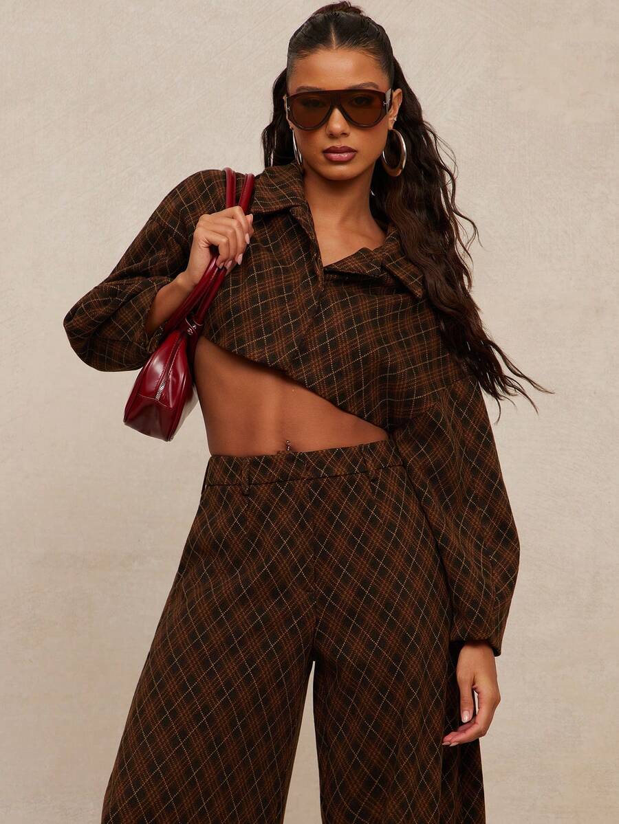 NYA SZN Thea Jacket Outerwear Long Sleeve Crop Collar Button Up Plaid Brown Black Festive Holiday Valentines Day Event Streetwear Casual Party Carnival Outfits For Women - Multicolor - View 1