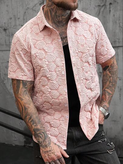 SLATEMANN Men's Pink Rose Jacquard Collar Single-Breasted Casual Travel Short-Sleeve Shirt - A Must-Have Item For Valentine's Day, Holidays, Weddings, And Other Festivals Rose Shirt Men Men Floral Shirt Pink Rose Shirt Men Men Shirts Streetwear Men Rose Shirt