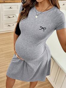 SHEIN 孕妇圆领蝴蝶结印花休闲日常派对短袖连衣裙 - 灰色 - 查看 1
