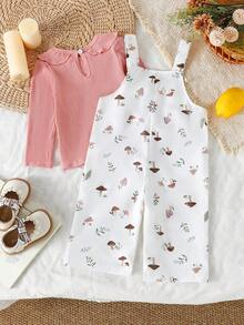 Souflis Souflis Baby Mädchen süßer rosa gerippter Rüschenkragen Langarm-Oberteil und Pilz-Wald-Muster weiße Latzhose Set, pastoraler Vintage-Lässig-Stil für Feiertage, Zuhause, Ausflüge, Urlaub. Weiße bedruckte Latzhose, leicht und bequem. Rosa Peter-Pan-Kragen Elastikbund Oberteil für Weihnachten, Neujahr, Valentinstag