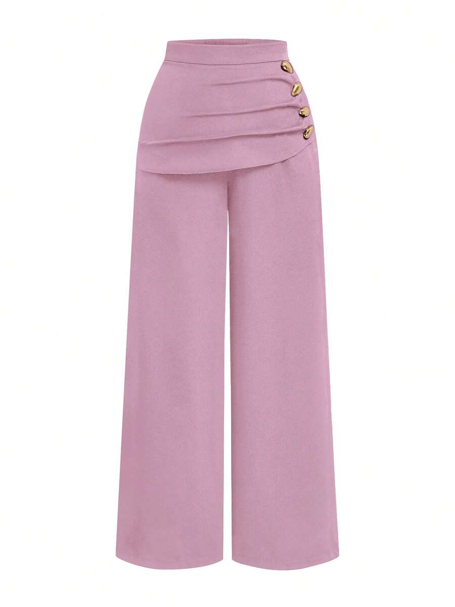 Sweetra 大码女式二合一金属扣装饰西装裤，修身显瘦，优雅百搭，适合工作和休闲场合，直筒裤型，秋冬款 - 藕粉色 - 查看 1