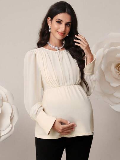 SHEIN Maternity Clothes Maternity Tops Maternity Solid Color Round Neck Pleated Casual Versatile Daily Wear Long Sleeve Shirt