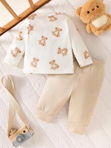 SHEIN 新生男宝宝白色皮特图案卡通恐龙图案印花拼接绿色口袋长袖上衣配绿色裤子两件套可爱休闲运动时尚新品 - 卡其色 - 查看 2