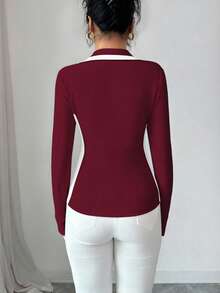 Elenzga Blusa elegante de punto ajustada con parches y contraste de colores, adecuada para Halloween y Navidad