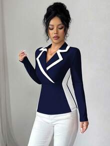 Elenzga 女士优雅修身针织拼接撞色翻领上衣/T恤，适合秋季、万圣节、圣诞节穿着。 - 藏蓝色 - 查看 6