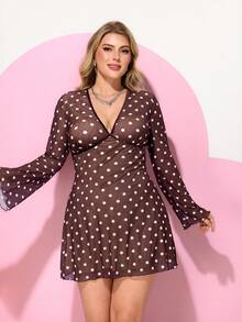 Hourglow Plus Size Women's Polka Dot Print Deep V-Neck Flare Sleeve Sexy Fashion Dress, For Hourglass Body Shape/2026 /New Year - Brown - View 5