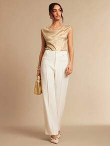 Silquee Elegant Champagne Gold Summer Sleeveless Bodysuit,Loose Asymmetrical Textured Top For Night Out,Parties,Work & Commute,Sophisticated Versatile Jacket - Gold - View 1