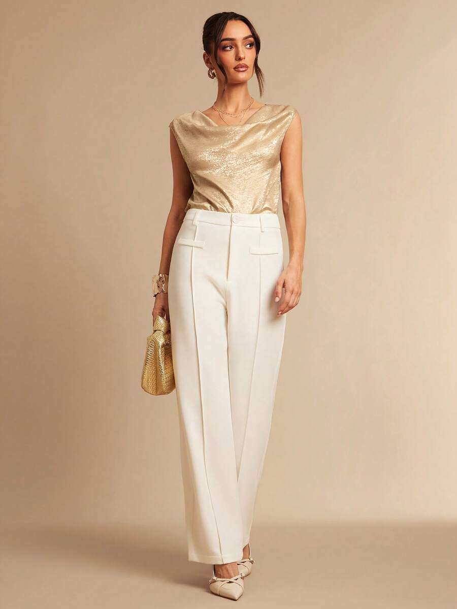 Silquee Elegant Champagne Gold Summer Sleeveless Bodysuit,Loose Asymmetrical Textured Top For Night Out,Parties,Work & Commute,Sophisticated Versatile Jacket - Gold - View 1