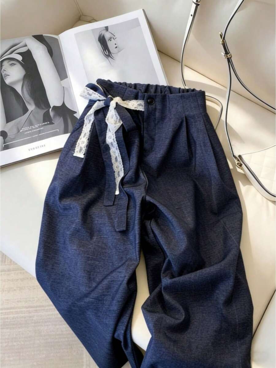 SHEIN Franclia 女士蓝色梭织面料长款直筒裤，优雅高腰设计，带腰带 - 藍色 - 查看 1