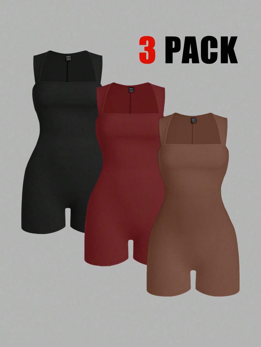 SHEIN EZwear 3pcs Women's Solid Color Swan Neck Casual Bodycon Sleeveless Romper Set - Multicolor - View 1