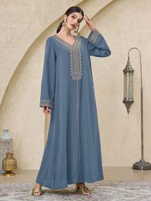 Al Najma 女式土耳其长裙和阿拉伯传统长袍、长袍和 Jalabiya - 霧霾藍 - 查看 2