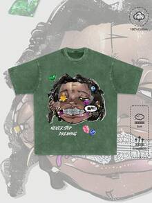 ROMWE MEN Street Life 男士高街复古做旧雪花印花圆领T恤，适合日常休闲穿着，春夏款 - 綠色 - 查看 1