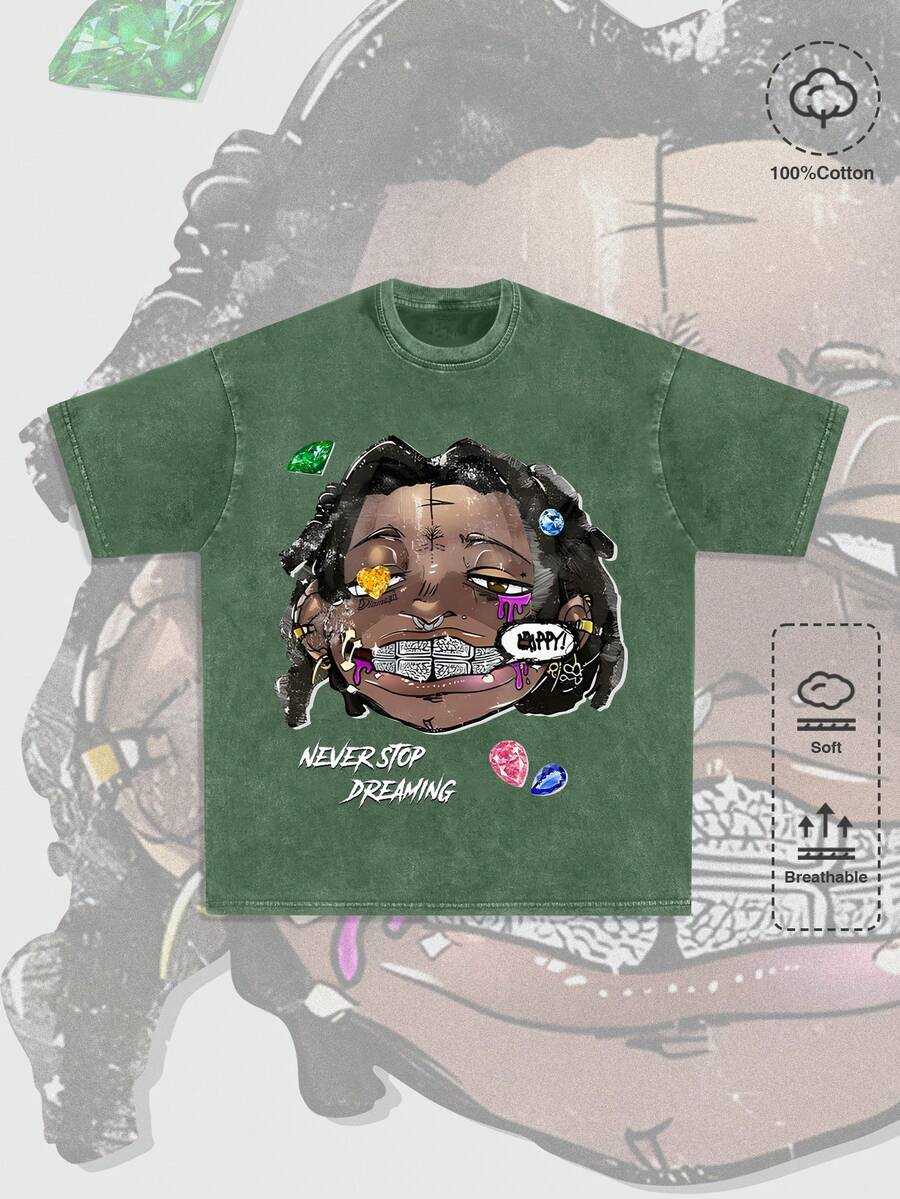 ROMWE MEN Street Life 男士高街复古做旧雪花印花圆领T恤，适合日常休闲穿着，春夏款 - 綠色 - 查看 1