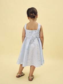 SUMWON Girls Light Striped Bow Detail Sleeveless A-Line Summer Dress With Smocked Bodice And Square Neckline Festive Occasionwear For Casual And Vacation - Baby Blue - View 2
