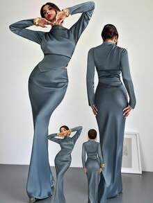 Firerie Women's Elegant Office Commute Blue Satin Long Sleeve Pleated Collar Irregular Hem Blouse And High Waist Pleated Maxi Skirt Set, Romantic, Date, Party, Wedding Season, Graduation Dress, Formal Ball - Blue - View 2