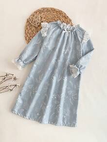 Young Girls Pajamas-Nightdress Long Sleeve Round Neck Ruffle Collar Lace Cuff Floral Print Pastel Blue Sleep Gown Kids Nightwear Dress Adorable Comfortable Holiday 2026 Essential Four Seasons Cozy Lightweight Lounge Pajama Bedtime Party Photo Gift Light Blue Kids Dress Shirt Dress Kids Little Girl Nightgown Toddler Nightgown Long Sleeves Kids Dress